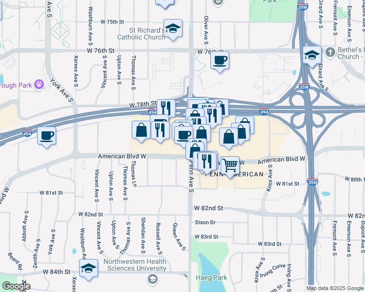 map of restaurants, bars, coffee shops, grocery stores, and more near 8001 Penn Avenue South in Bloomington