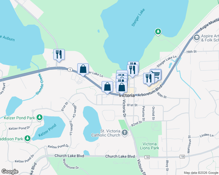 map of restaurants, bars, coffee shops, grocery stores, and more near 7980 Rose Street in Victoria