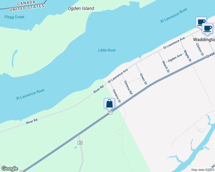 map of restaurants, bars, coffee shops, grocery stores, and more near 119 River Road in Waddington