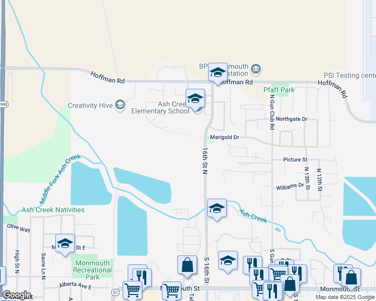 map of restaurants, bars, coffee shops, grocery stores, and more near 510 16th Street North in Monmouth