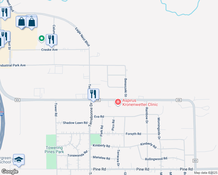 map of restaurants, bars, coffee shops, grocery stores, and more near 1810 County Road XX in Rothschild