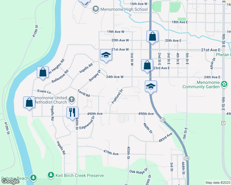 map of restaurants, bars, coffee shops, grocery stores, and more near 2613 Fryklund Drive in Menomonie