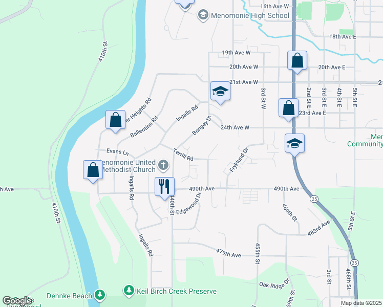 map of restaurants, bars, coffee shops, grocery stores, and more near 712 Terrill Road in Menomonie