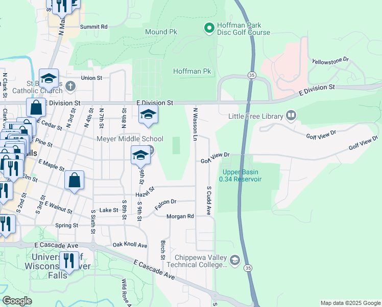 map of restaurants, bars, coffee shops, grocery stores, and more near 231 North Wasson Lane in River Falls