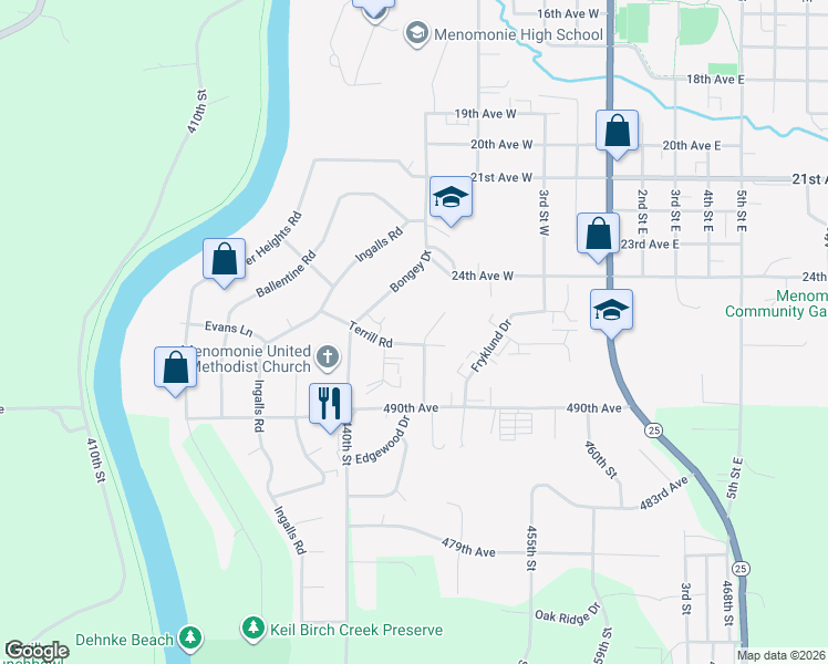 map of restaurants, bars, coffee shops, grocery stores, and more near 2521 Harvey Drive in Menomonie