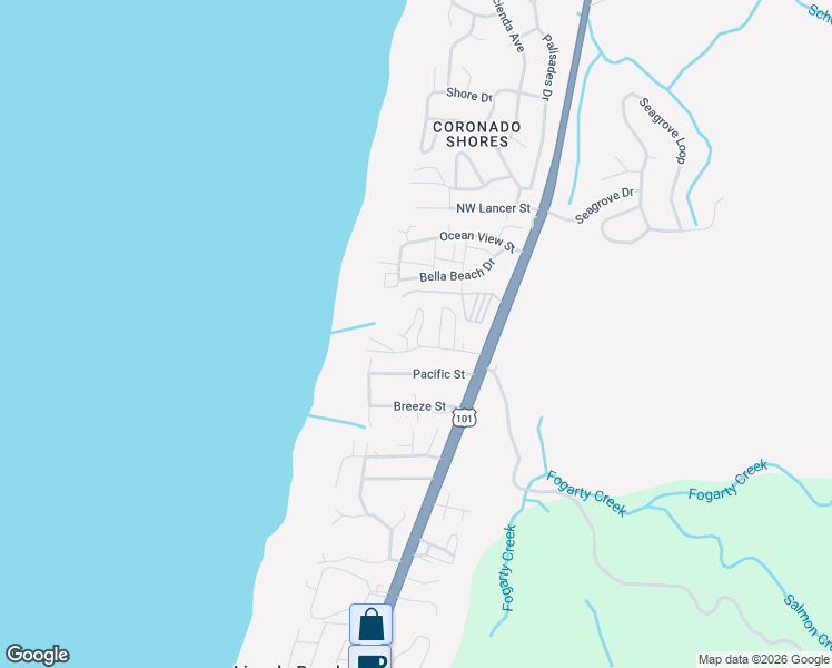 map of restaurants, bars, coffee shops, grocery stores, and more near J Way in Depoe Bay