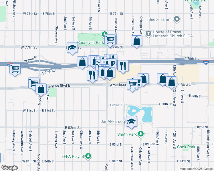 map of restaurants, bars, coffee shops, grocery stores, and more near Portland Ave S & American Blvd E in Bloomington