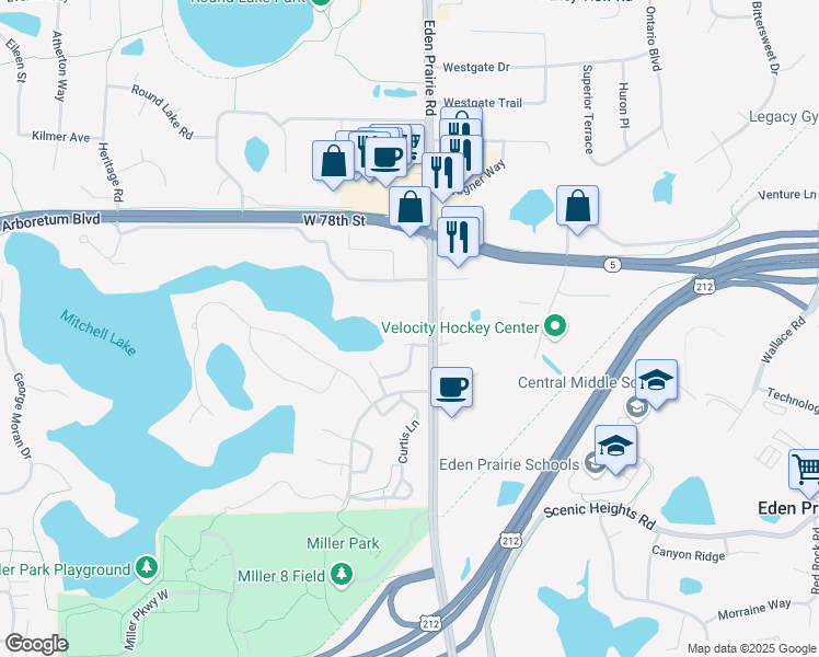map of restaurants, bars, coffee shops, grocery stores, and more near 7900 Timber Lake Drive in Eden Prairie