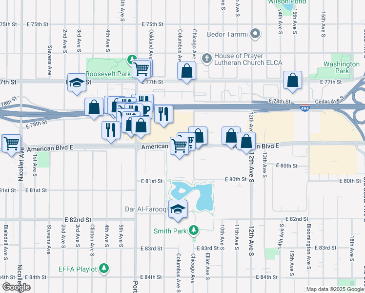 map of restaurants, bars, coffee shops, grocery stores, and more near 7900 Chicago Avenue South in Bloomington