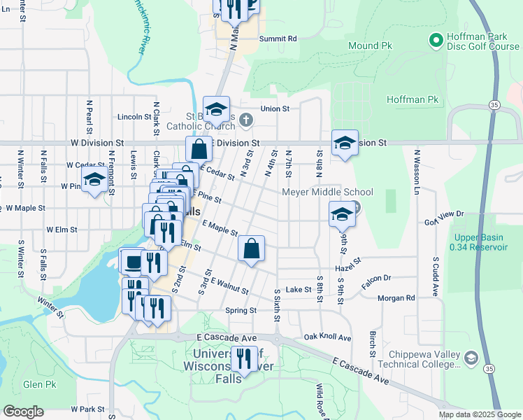 map of restaurants, bars, coffee shops, grocery stores, and more near 220 North 4th Street in River Falls