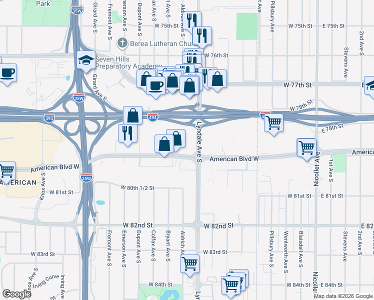 map of restaurants, bars, coffee shops, grocery stores, and more near 700 American Boulevard West in Bloomington