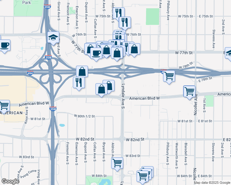 map of restaurants, bars, coffee shops, grocery stores, and more near 700 American Boulevard West in Bloomington