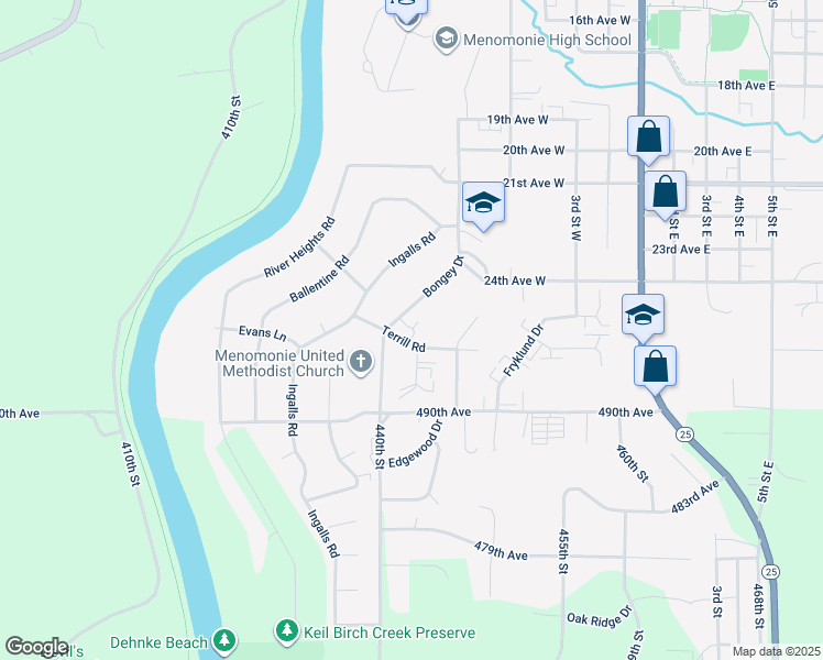 map of restaurants, bars, coffee shops, grocery stores, and more near 803 Bongey Drive in Menomonie