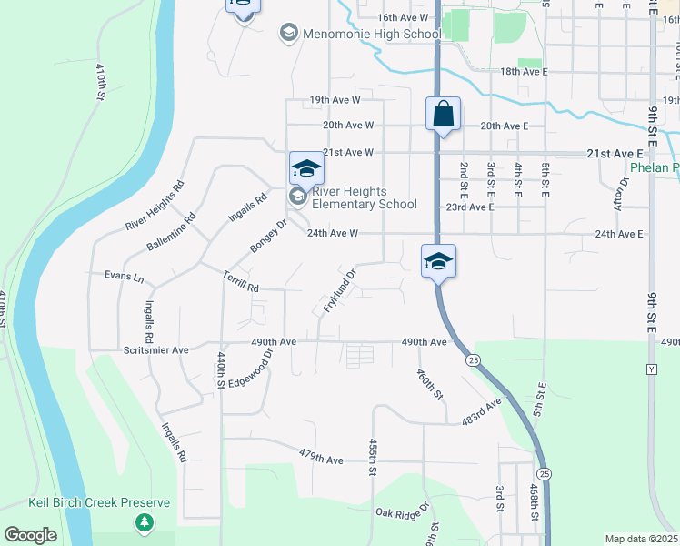 map of restaurants, bars, coffee shops, grocery stores, and more near 2419 Fryklund Drive in Menomonie