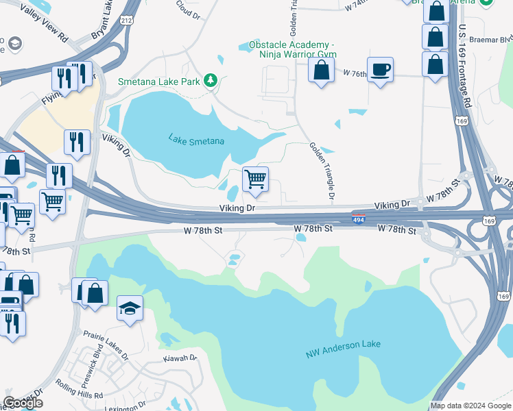 map of restaurants, bars, coffee shops, grocery stores, and more near 10400 Viking Drive in Eden Prairie