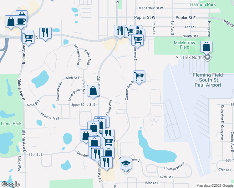 map of restaurants, bars, coffee shops, grocery stores, and more near 6153a Carmen Avenue East in Inver Grove Heights