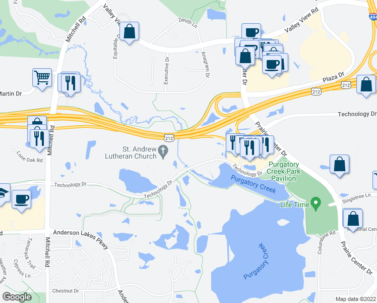 map of restaurants, bars, coffee shops, grocery stores, and more near 13570 Technology Drive in Eden Prairie