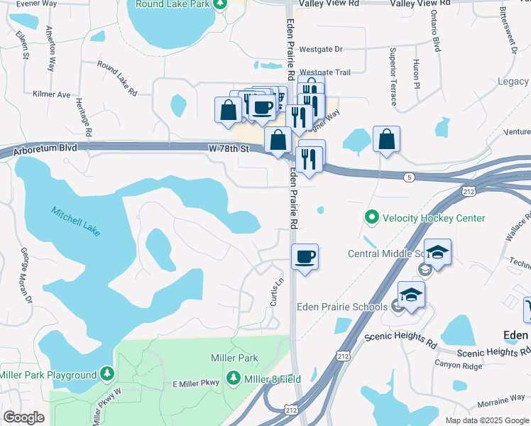 map of restaurants, bars, coffee shops, grocery stores, and more near 16535 Terrey Pine Drive in Eden Prairie