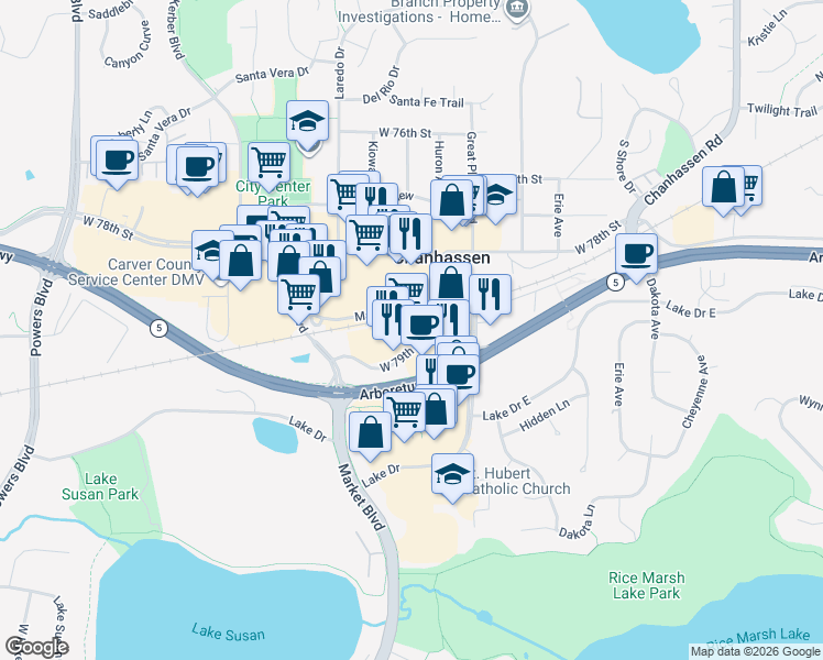 map of restaurants, bars, coffee shops, grocery stores, and more near 500 Market Street in Chanhassen