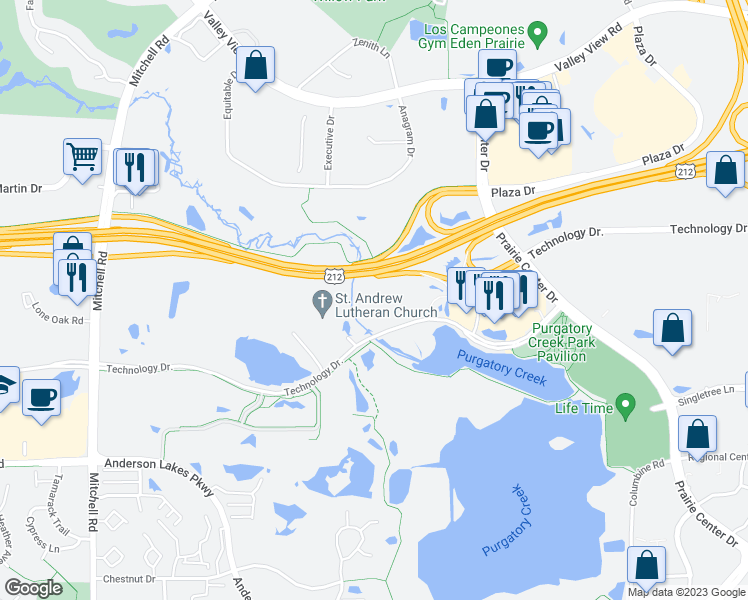 map of restaurants, bars, coffee shops, grocery stores, and more near 13570 Technology Drive in Eden Prairie