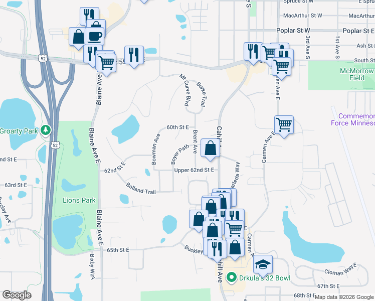 map of restaurants, bars, coffee shops, grocery stores, and more near 6125 Boyer Path in Inver Grove Heights