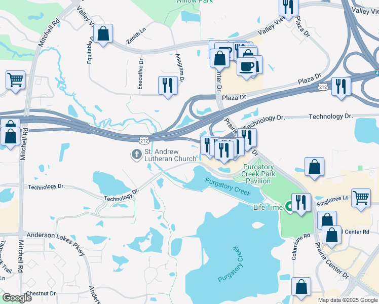 map of restaurants, bars, coffee shops, grocery stores, and more near 13560 Technology Drive in Eden Prairie