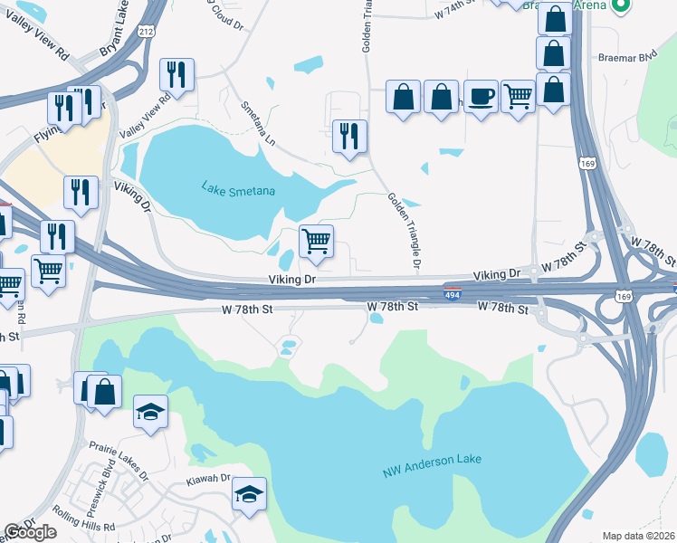 map of restaurants, bars, coffee shops, grocery stores, and more near 10340 Viking Dr in Eden Prairie