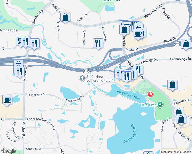 map of restaurants, bars, coffee shops, grocery stores, and more near 13570 Technology Drive in Eden Prairie