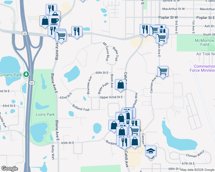 map of restaurants, bars, coffee shops, grocery stores, and more near 6125 Boyer Path in Inver Grove Heights