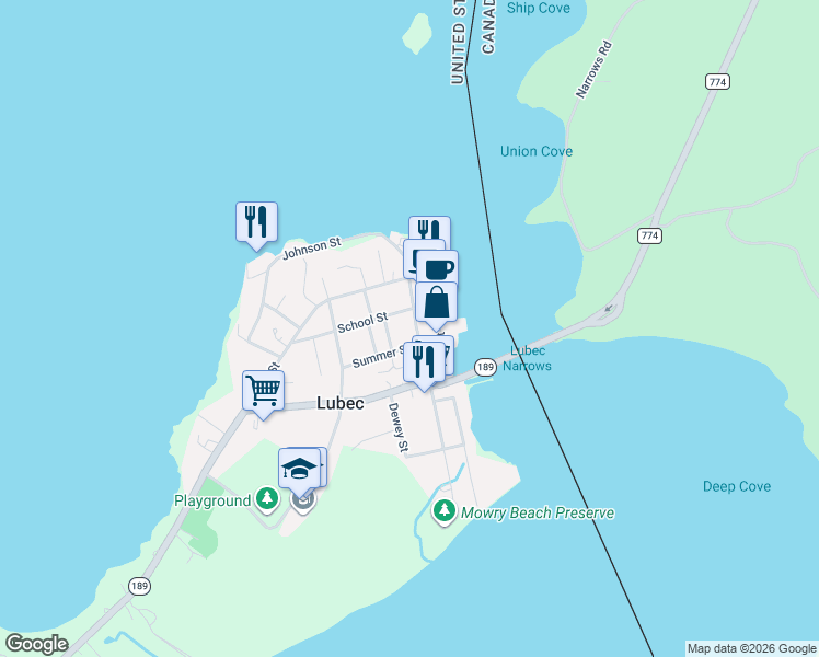 map of restaurants, bars, coffee shops, grocery stores, and more near 6 School Street in Lubec