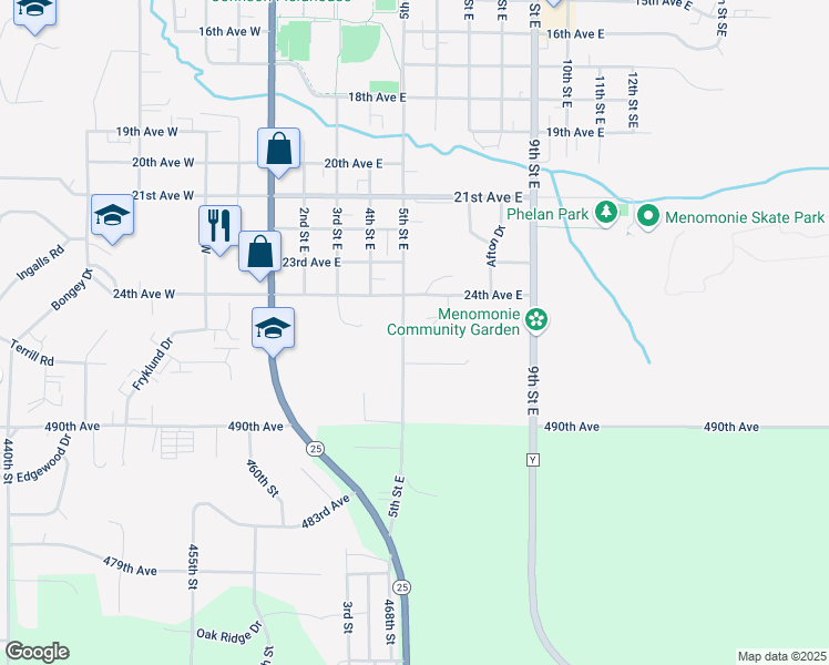 map of restaurants, bars, coffee shops, grocery stores, and more near 521 Woodridge Court in Menomonie