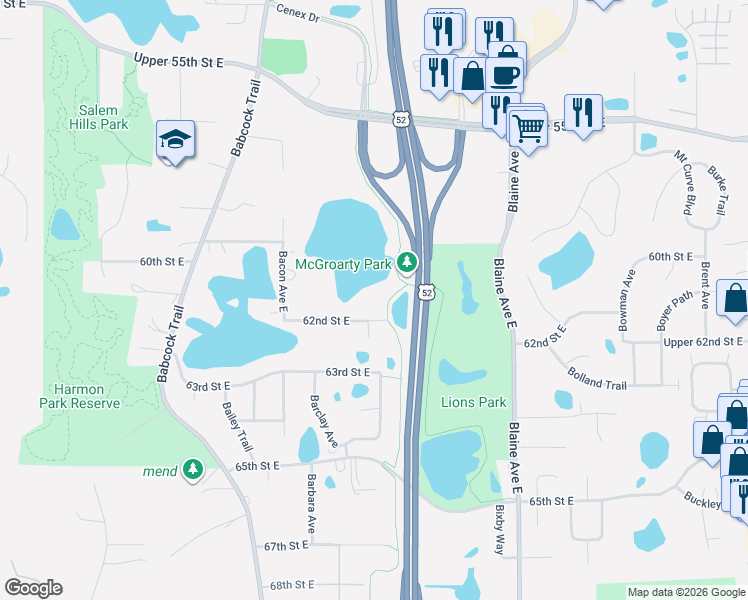 map of restaurants, bars, coffee shops, grocery stores, and more near 2201 62nd Street East in Inver Grove Heights