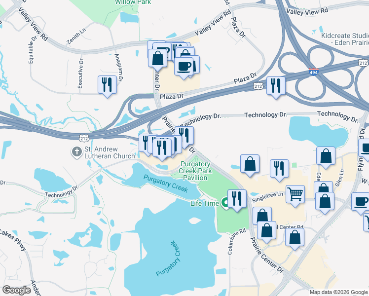 map of restaurants, bars, coffee shops, grocery stores, and more near 12950 Technology Drive in Eden Prairie