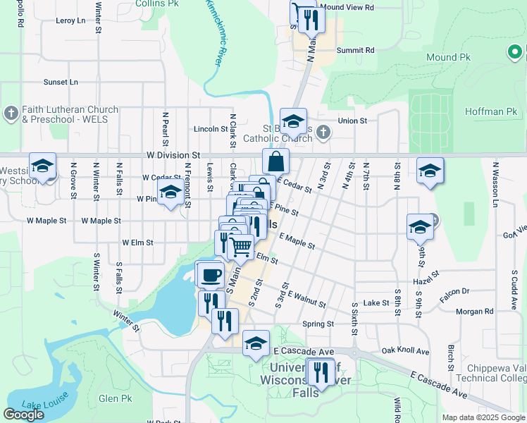 map of restaurants, bars, coffee shops, grocery stores, and more near 222 North Main Street in River Falls