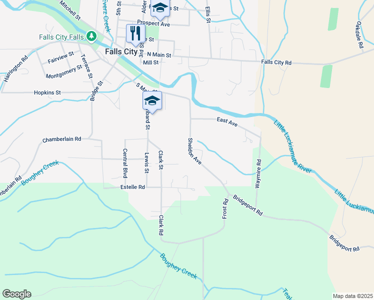 map of restaurants, bars, coffee shops, grocery stores, and more near 149 Sheldon Avenue in Falls City
