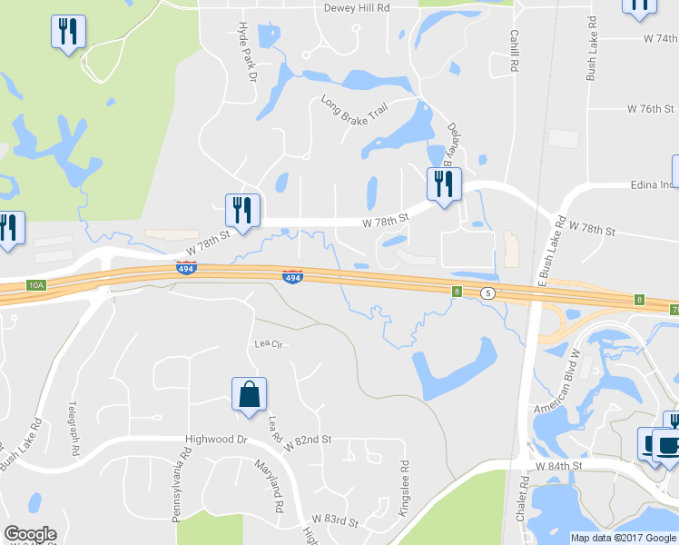 map of restaurants, bars, coffee shops, grocery stores, and more near Highway 5 in Minneapolis