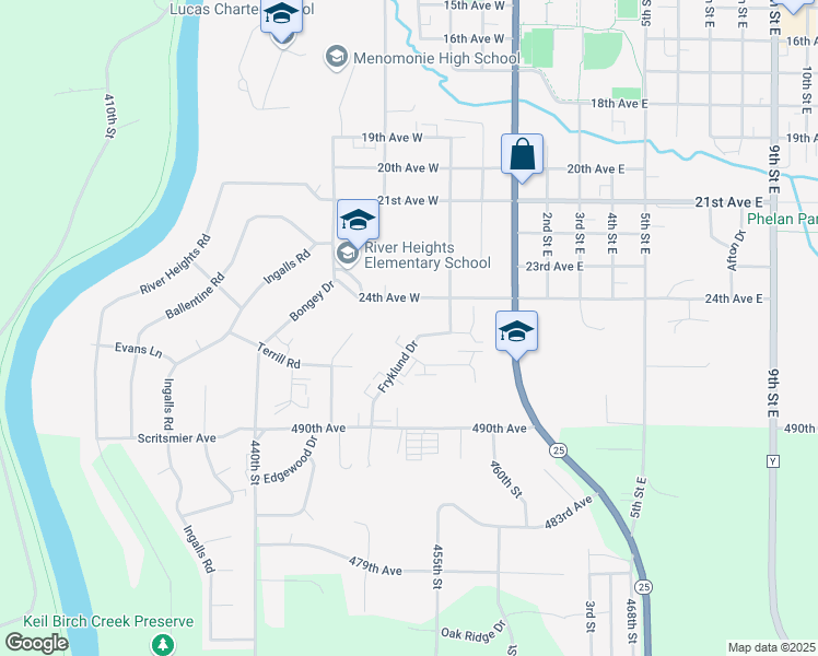 map of restaurants, bars, coffee shops, grocery stores, and more near 2419 Fryklund Drive in Menomonie
