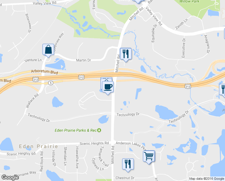 map of restaurants, bars, coffee shops, grocery stores, and more near 7922 Mitchell Road in Eden Prairie
