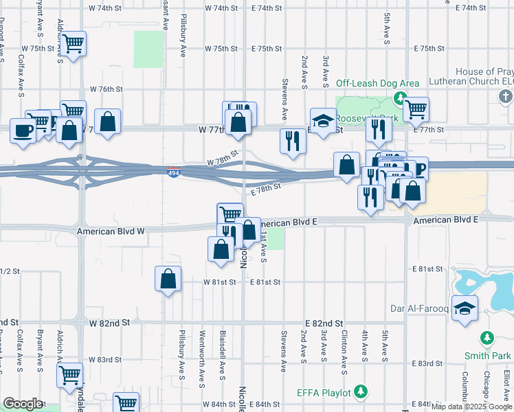 map of restaurants, bars, coffee shops, grocery stores, and more near 50 American Boulevard East in Minneapolis