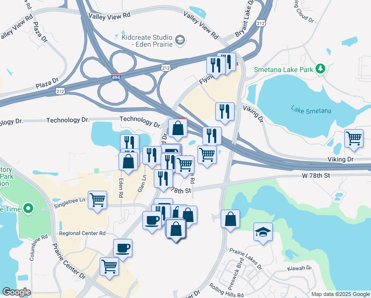 map of restaurants, bars, coffee shops, grocery stores, and more near 11588 Leona Road in Eden Prairie
