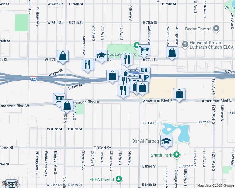 map of restaurants, bars, coffee shops, grocery stores, and more near 403 E 78th St in Minneapolis