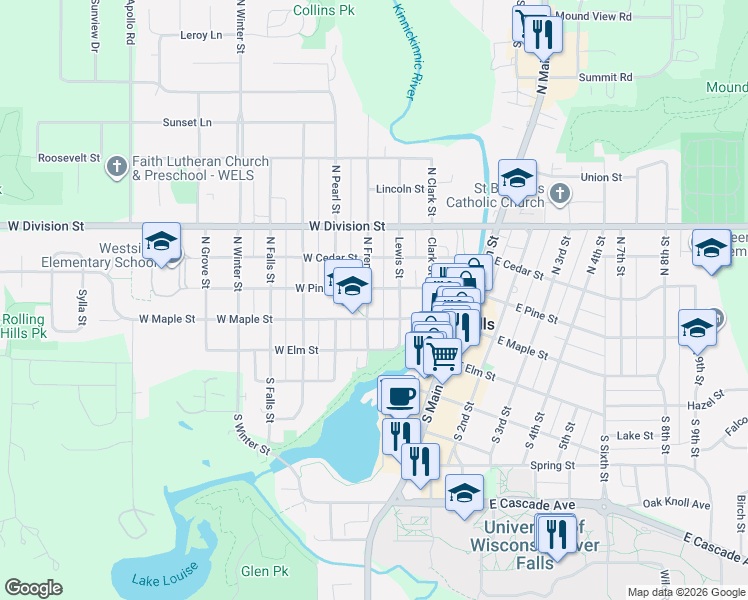 map of restaurants, bars, coffee shops, grocery stores, and more near 214 North Fremont Street in River Falls