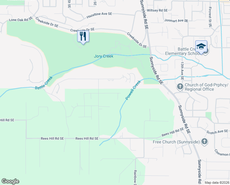 map of restaurants, bars, coffee shops, grocery stores, and more near 899 Elkins Way Southeast in Salem