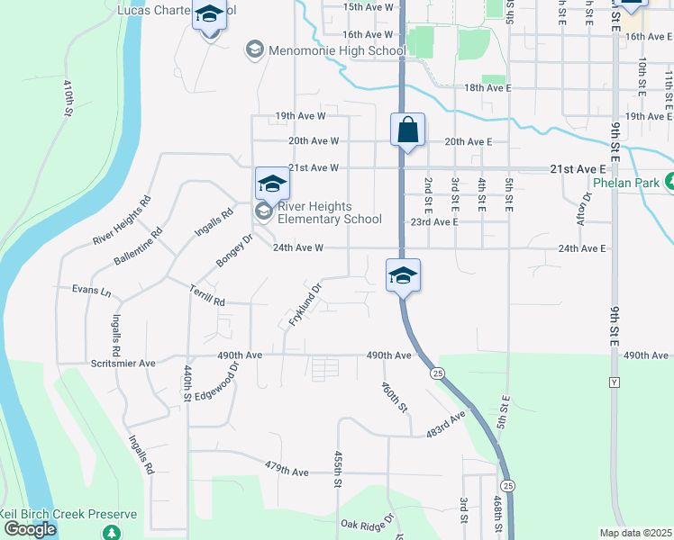 map of restaurants, bars, coffee shops, grocery stores, and more near 2419 Fryklund Drive in Menomonie
