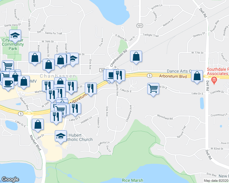 map of restaurants, bars, coffee shops, grocery stores, and more near 8002 Erie Avenue in Chanhassen