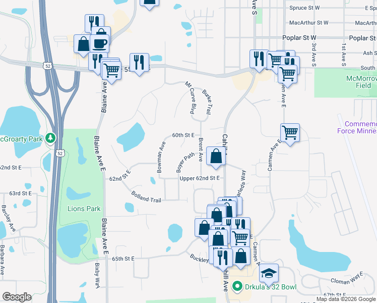 map of restaurants, bars, coffee shops, grocery stores, and more near 6125 Boyer Path in Inver Grove Heights