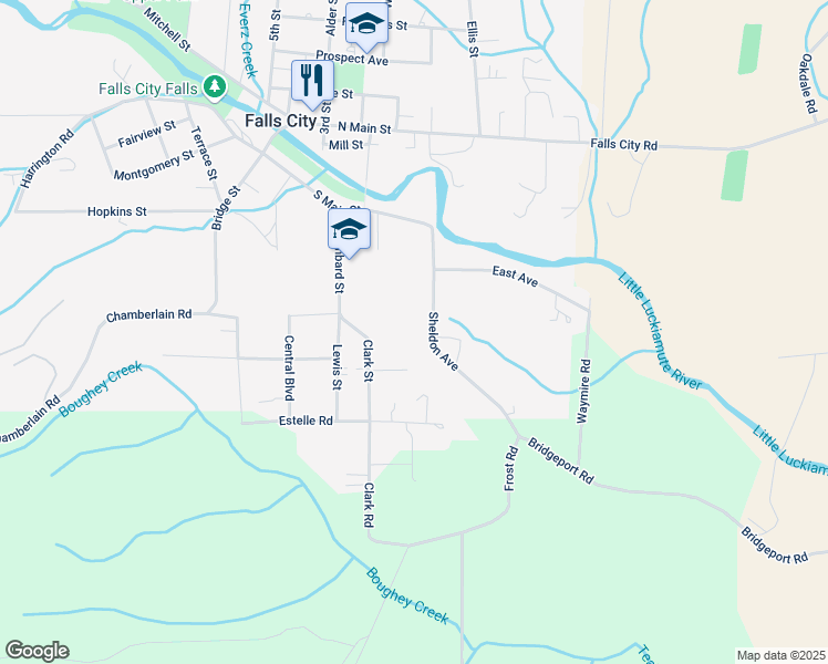 map of restaurants, bars, coffee shops, grocery stores, and more near 149 Sheldon Avenue in Falls City