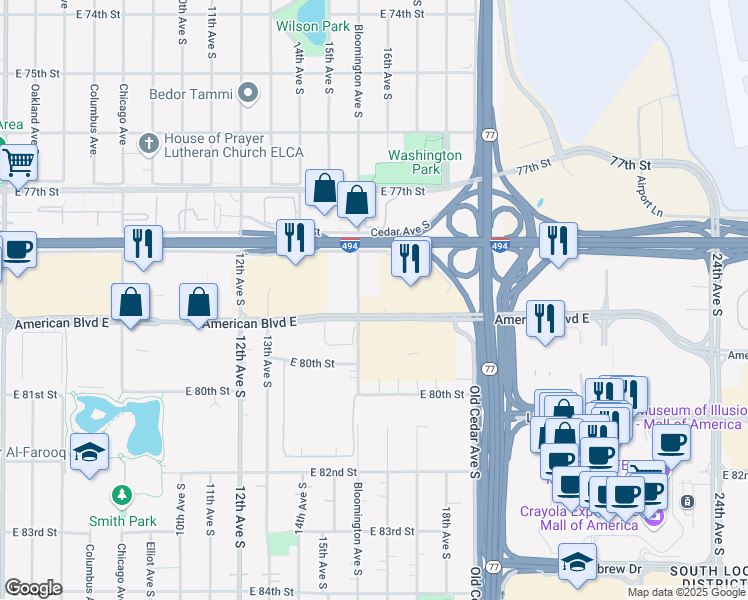 map of restaurants, bars, coffee shops, grocery stores, and more near 1550 American Blvd E in Minneapolis