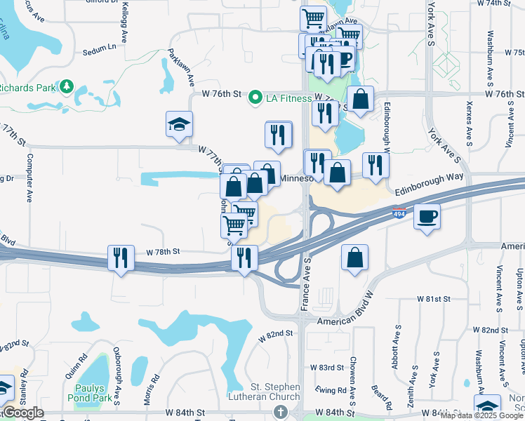map of restaurants, bars, coffee shops, grocery stores, and more near 4200 West 78th Street in Minneapolis