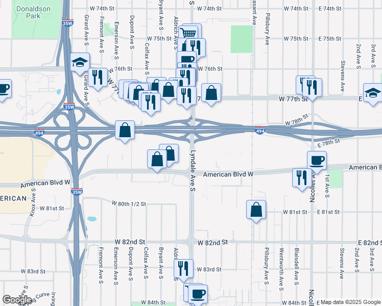 map of restaurants, bars, coffee shops, grocery stores, and more near 7840 Lyndale Avenue South in Bloomington